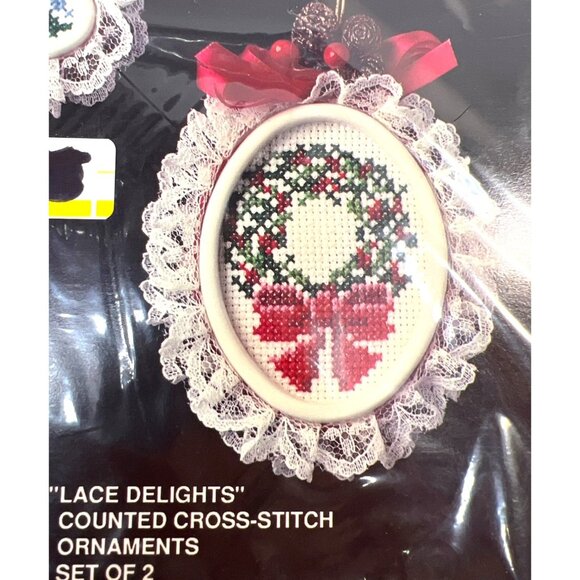 Bucilla Lace Delights Counted Cross-Stitch Ornament Kit Set Of 2 Christmas Heril - Picture 2 of 5